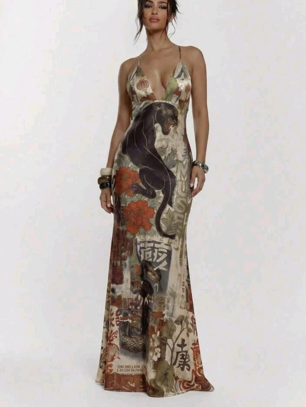 Sleeveless V-Neck Floral & Panther Print Maxi Dress — Beige Multi - Picture 3 of 5
